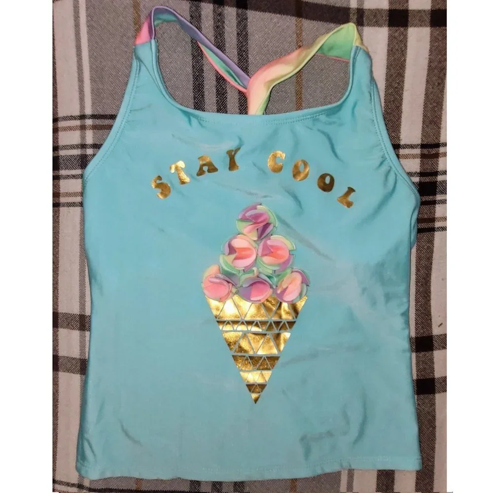 Girls Swim Suit, 2-piece Icy Cone Aqua Tankini Set, L Plus